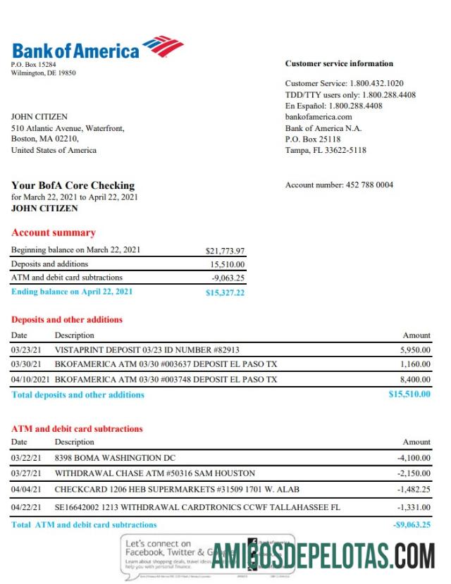 Modelo realista de extrato bancário do USA Bank Of America em formato Excel e PDF, versão 4